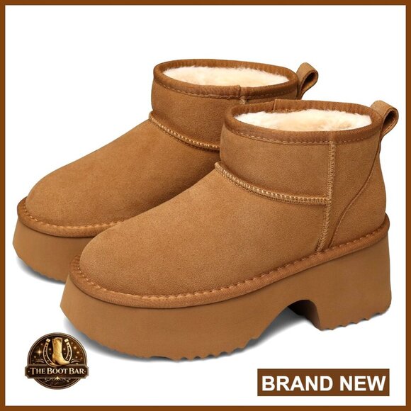 Shoes - Genuine Suede Leather Platform Ankle Boots Winter Warm Fur Lined Anti-Slip